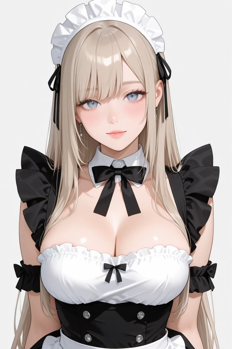best quality, 1girl, radiyu, white hair, yellow eyes, floppy rabbit ears, nsfw, maid uniform, clear eyes, breasts out, upper body