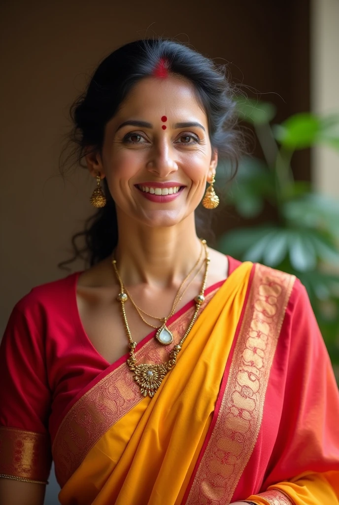 "A beautiful 45-year-old Indian mom, wearing a traditional, vibrant saree with intricate designs. She has a warm, welcoming smile and expressive eyes, radiating grace and happiness. The saree is draped elegantly, showcasing her cultural pride. The background is simple, making her the main focus, with soft lighting enhancing her natural beauty and the rich colors of her outfit."