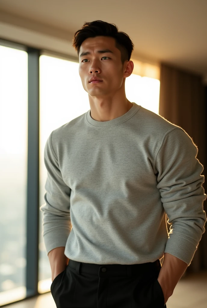 Asian man, handsome, company CEO, in his office, plain navy sweater dress, dress gray pants, black silk stockings and black shiny shoes, seated, with legs open, with a bulge in his pants in the crotch, looking seductively, in a white light, sexy, touching his bulge, calling you and in a sexy pose