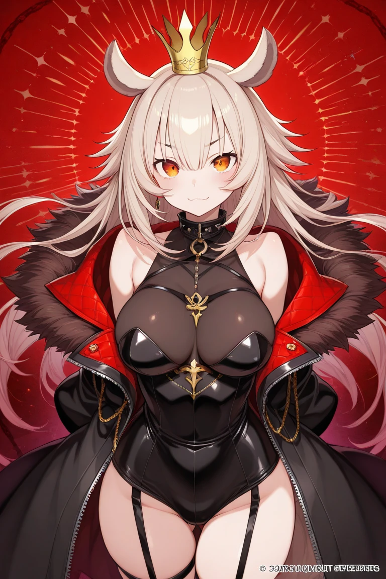 A woman wearing a low-cut black dress, luxurious dress, large breasts, wearing a gray fur scarf on her shoulders, an iron cross necklace on her neck, smiling, standing upright, brown eyes, blonde hair, black feather in her hair, short hair, red bangs, multicolored hair (blonde with red bangs), black heels, in a luxury room with a white marble floor, gray wall with large luxury glass windows overlooking a forest.,(solo woman), KMS_Roon, Azur_lane, close view , masterpiece , accurate , anatomically correct , textured skin , super details , high quality , best quality, 8k, high resolution, bokeh effect.