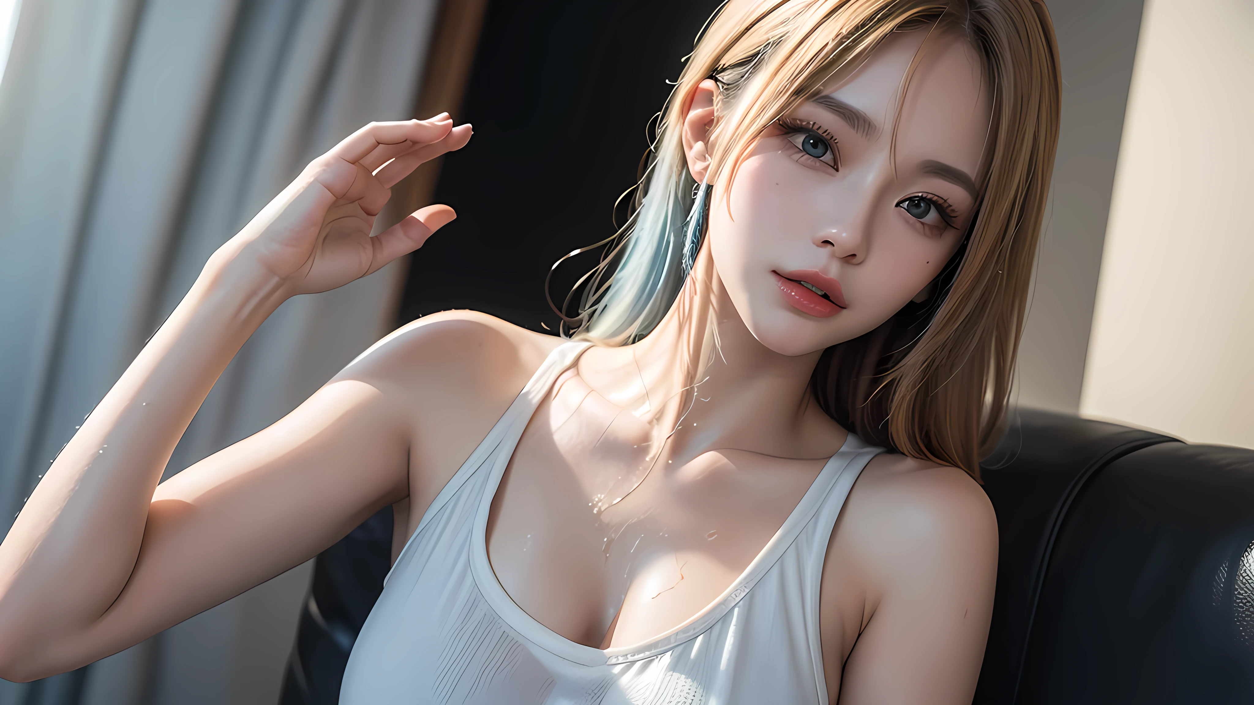 ((Highest quality)), ((masterpiece)), (detailed), (french braid), (Blonde), (Beautiful well-groomed girl:1.3), (earrings), (pointy breasts:1.7), (covered nipples:1.1), white ribbed knit, knit dress, (snowy white skin), (Blushed:1.3), upper body, from side, (put index finger on mouth:1.1), Shy laugh, Half-open mouth, Shiny skin、Thin eyebrows, Blue eyes:1.1, girl,独奏,highly detailed beautiful face and eyes