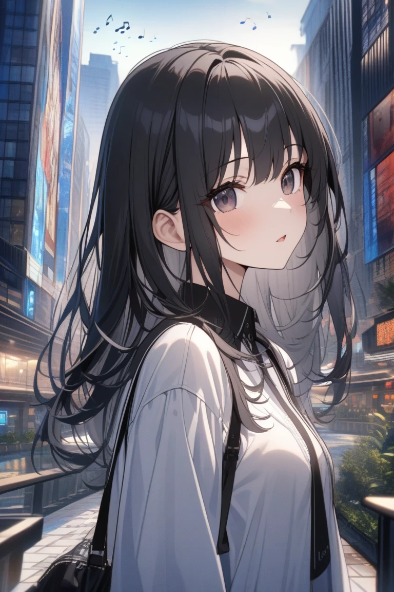 (masterpiece,Highest quality, High resolution, Very detailed), 1 girl,Black Hair, Long Hair, Reddish brown eyes, uniform, skirt,White lace thong, Large Breasts, 24th generation, Beautiful woman, mature, quiet, Calm, A small smile, City Street,