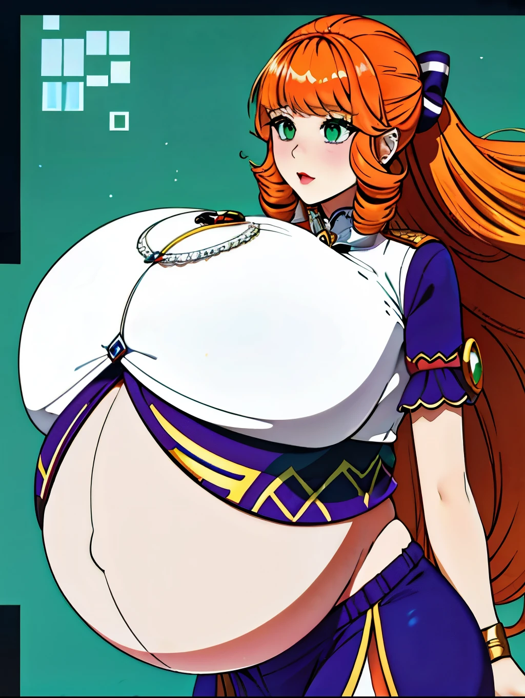 anime character with a huge belly, he has a ((jiggly fat round belly)), thicc, his belly is fat and round, ,((obese )), heavy detailed, extremely plump ,((insanely wide hips))((large thighs)),( Large Butt),(( Proportionally large arms)) ,((proportionally enormous legs)),best quality, masterpiece, solo, (( Tall ,Feminine))Male in red Dress with crown,( Red corset, Skirt trail), wearing an ornate outfit, anime princess, in a fancy elaborate dress, ((Long Orange Hair:1.4)), ((hair styled in curls:1.3)),((Green eyes)) Background(Ballroom)), expression (Smug, Smile, Sensual),pose( Hand on hips, Other hand in hair)