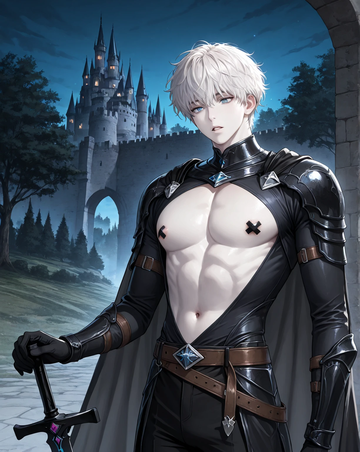 （1 adult male），high resolution， sharp focus， pixiv masterpiece， （（intricate details））， very detailed， Natsuki_subaru， 1 person，((wearing tight armor))，The look of a perfect man，다리에 Pee， I lower my head nervously.，be ashamed，Panic，Exciting，I was shocked.，Panic，care，그 주위에 Pee 웅덩이가 생겼습니다.，((I want to pee，unbearable))，((Get wet，light나는 몸,highlight,shiny,light,light나는,Wet body)),Pee 분비물，Telegraph slang，sit astride，tired，Decadent， black eye（light나는 눈）， short gray hair，White armor，tie your belt，Cloaked，Cloak，shoulder armor，breathe，흠뻑 get wet，get wet，Pee，Pee이 성기 아래로 흘러내림，see below,spread your legs,hands behind legs,((without pants,1 sexy big biggest and longest male penis)),(eat dick,suck,put in mouth),
