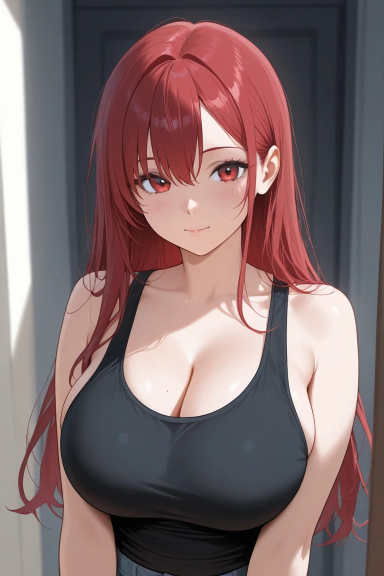 woman,Red hair,Twin tails,Angry face,blush,Big Breasts,Thick thighs,Black tops(Strapless),Denim shorts,Cleavage,Sweaty