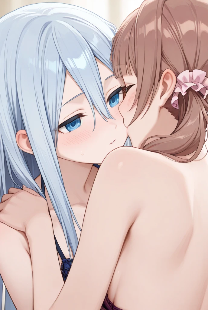 highest quality, expensive_solve, clear_image, White hair, blue eyes, cleavage, naked, beach, two girls, kissing, sex