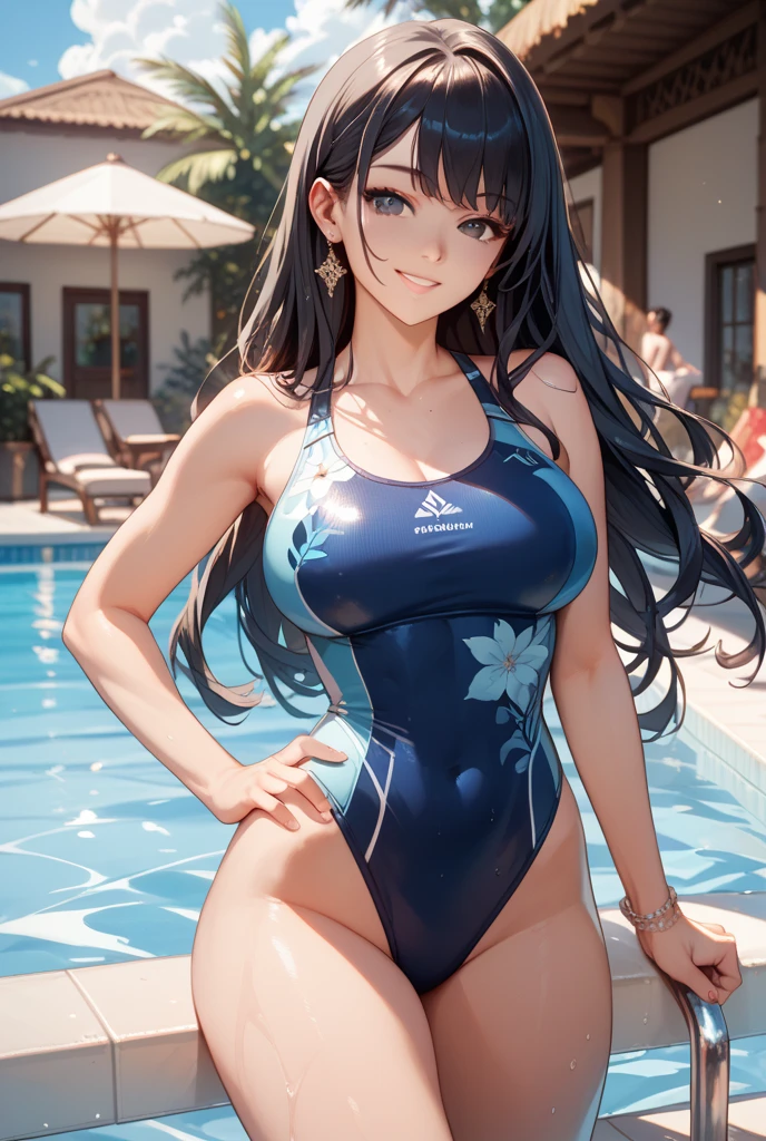 best quality, 1girl, masterpiece ultra detailed, illustration, yang guifei, glossy lips, pool, standing, (swimsuit), light smile,