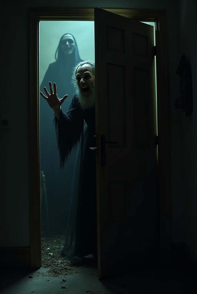 Old woman and 20-year-old boy with scared faces, hyperrealistic, in a dark room, lightning strikes,gloomy atmosphere, Dark shadow with long cape approaches him with skull face, spider web in the form of steam on the window, sleep paralysis