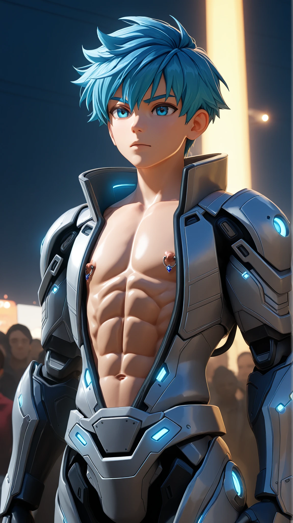 A high-definition image of a young age boy wearing a mecha robotic full body armor that open only at the abdomen and chest, revealing defined abs and chest to his nipples, The background shows a futuristic, high-tech setting with advanced machinery and dim, atmospheric lighting to emphasize the details of the armor and the boy's physique. The boy looks determined and focused, as if preparing for an upcoming battle or mission. art style and the armor should be cover all his body except for abs and chest shota, A broader chest calm face,dark atmosfer,good shedding,blue short hair,good nipple,chest and abs looks shiny,shoot from down,young age all hd quality,semi realistic, good line art and light from his back,good abs, short hair,solo leveling art style,3d,ring nipple piercing with shining blue gewel ,(full cover armor side and back),make sure to keep open his chest and abs,night city with crowd his robotic army for background,silver robotic armor,uncover neck,his neck should be exposed, exposed neck,no collar,no collar armor,blue ring shining glow nipple piercing with big gem Or gewel