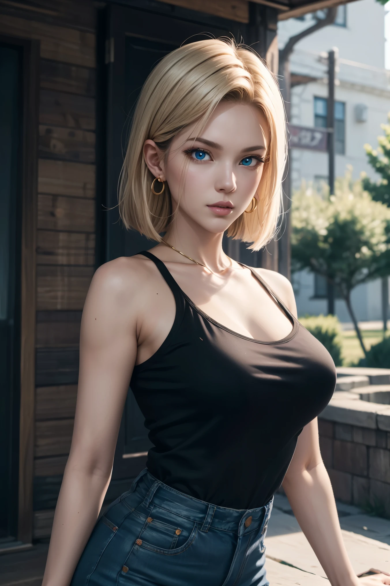 No.18,Dragon Ball Z,Dragon Ball Super,One-length hair,beautiful white blond hair,Shortcut, beautiful blue eyes ,PINK LIPS,white skin,cool expression,black sleeveless,blue jeans per boy,Ultra HD,super quality,masterpiece,DSLRs that will end,photorealistic, Detailed Details,Vivid details,depicted in detail,Detailed face, Detailed Details,Super Details,Realistic Skin Texture, colorful candy room ,perfect anatomy,anatomically correct hands,anatomically correct fingers,complex 3d rendering,big breasts,Gold ring earrings,nature,Beautiful spring scenery,Mysterious spring scenery,Beautiful Dusk,Hair fluttering in the breeze,Beautiful like a painting,takes pictures of Hirose's whole body,9 heads,