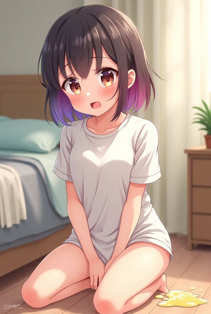 {masterpiece}、nsfw、Only one woman(Thick thighs、Big Ass、(Flat chest:1.5)、Black hair mixed with blue、(Bob Hair:1.2)、Purple eyes、((22 years old))、(older sister:1.4)、Height 5.5 feet、Looks sleepy、(White T-shirt:2.0)、Red cheeks、Embarrassing、Big butt、(Ahegao)、(((Vulgarity)))、(barefoot:1.5)、(Thong:1.7)、((lie down:1.8))、Moist Skin、(Sweat:1.6)、(Wet and see-through))、whole body、Bedroom、(night:1.5)、Dark Room、bed、((Squirting))、((Stick your ass out))、tongue