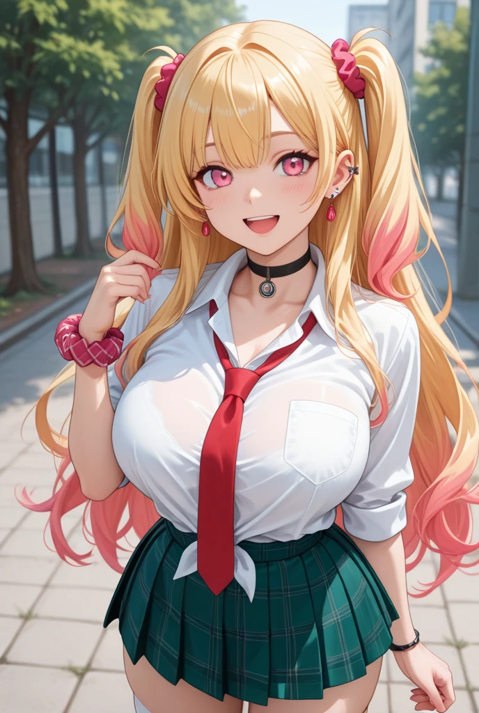 1girll, bangs, black_choker necklace, Foot warmer, Red bow, Red_ribbon, Blonde_Hair, Blue_Eyes, Blush, Bra, Large breasts, choker necklace, 鎖骨, collared_shirt, full_Body, Grey_Background, Hair_ribbon, Long_Hair, double tails, Hair ribbon, Looking_at_peeping at the viewer, Red-pink check, tartan_Skirt, pleated_Skirt, ribbon, Pink cardigan, Skirt, Smile, Solo, standing, double tails, underwear, arms cuffs