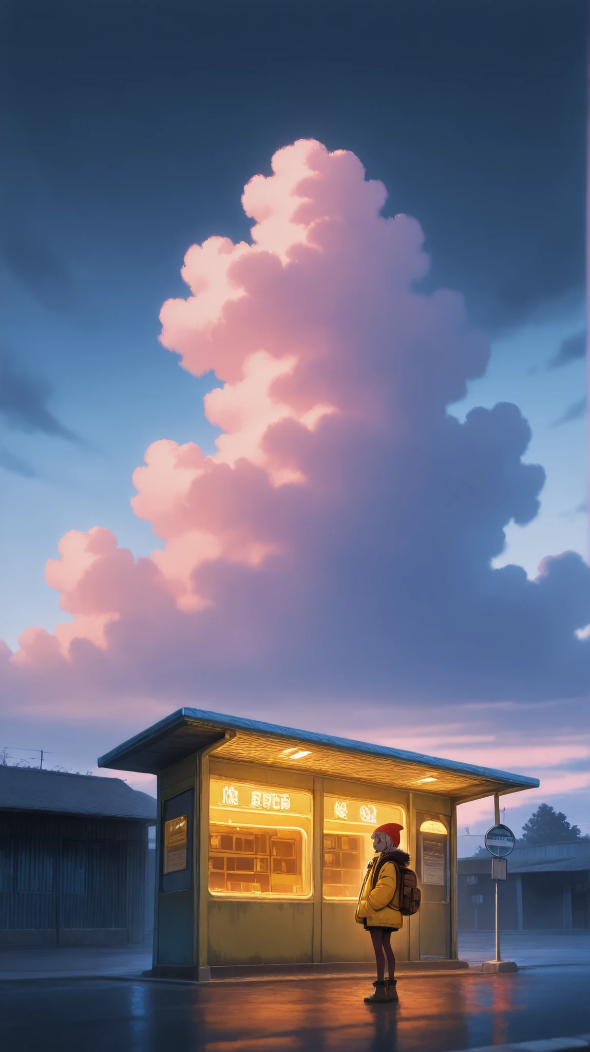 1girl, dark brown skin, long silver hair, red beanie, small silver round earrings, yellow winter jacket with black fur collar, brown backpack, standing at a bus stop in a cloudy afternoon, light on building are on, neon light comes