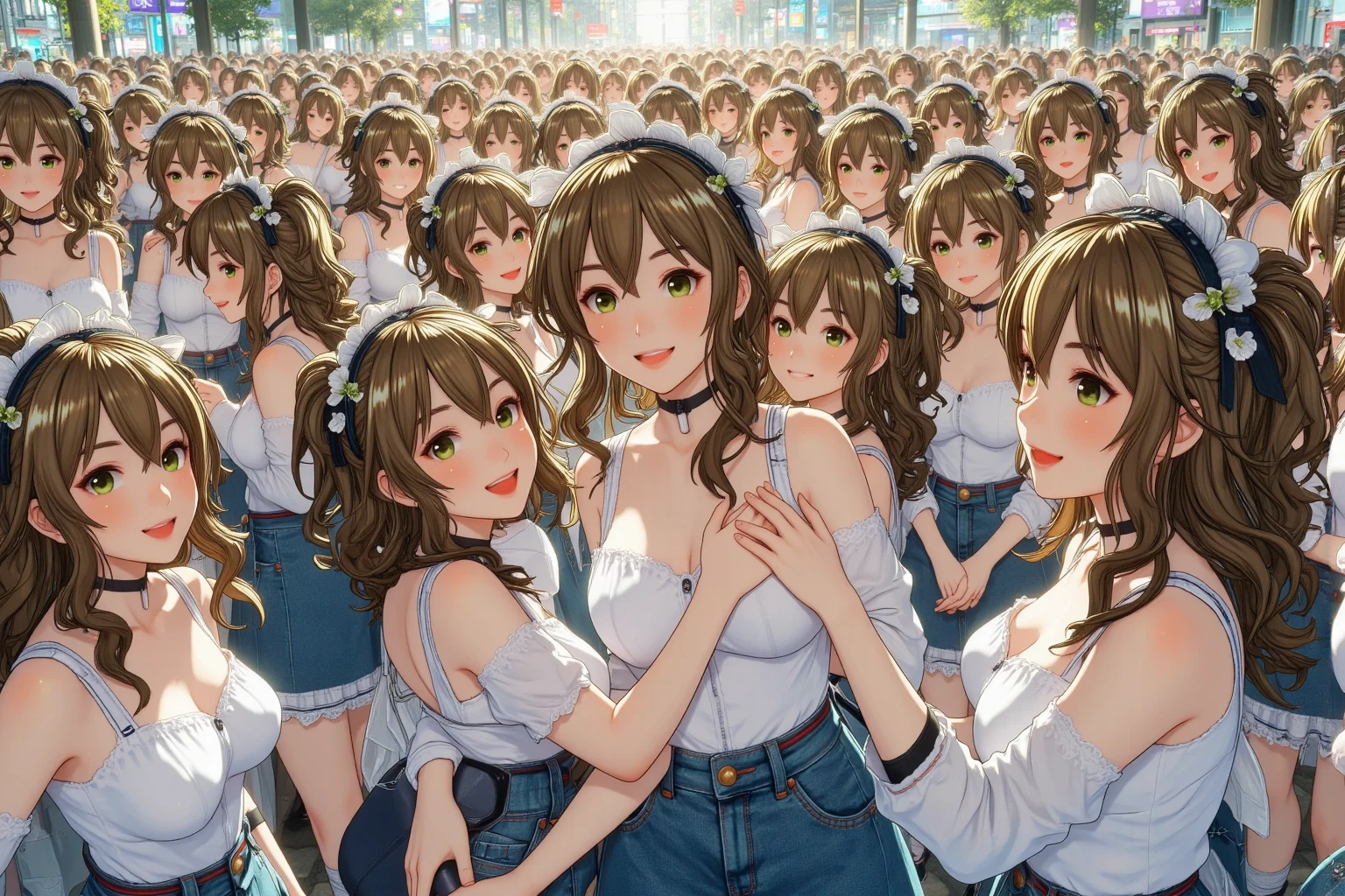 A crowd of clone girls wearing sleeveless white underwears, sleeveless White tank top underwear,sleeveless White camisole underwear, White panties underwear,leather shoes and shoulder bags commuting to work,Everyone in the same underwear,multiple clone girls, 20000+ clone girls,masterpiece,high detailed,best quality,All Girls,Wear only white underwear,brown hair,black eyes,long hair