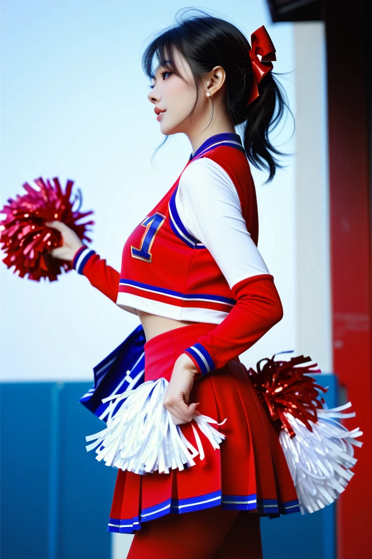 (Best Quality、masuter piece、(Photorealsitic:1.4)、Raw photo)、(1 girl、18year old、cheer girl、Angle from below、low  angle shot)、 (Highkick、Raise her right leg high)、Beautiful right foot toe、The inside of the shiny thigh、(White lace panties digging into her crotch、Red Cheerleader Uniform、Red pleated mini skirt)、Holding pom-poms in both hands、A smile