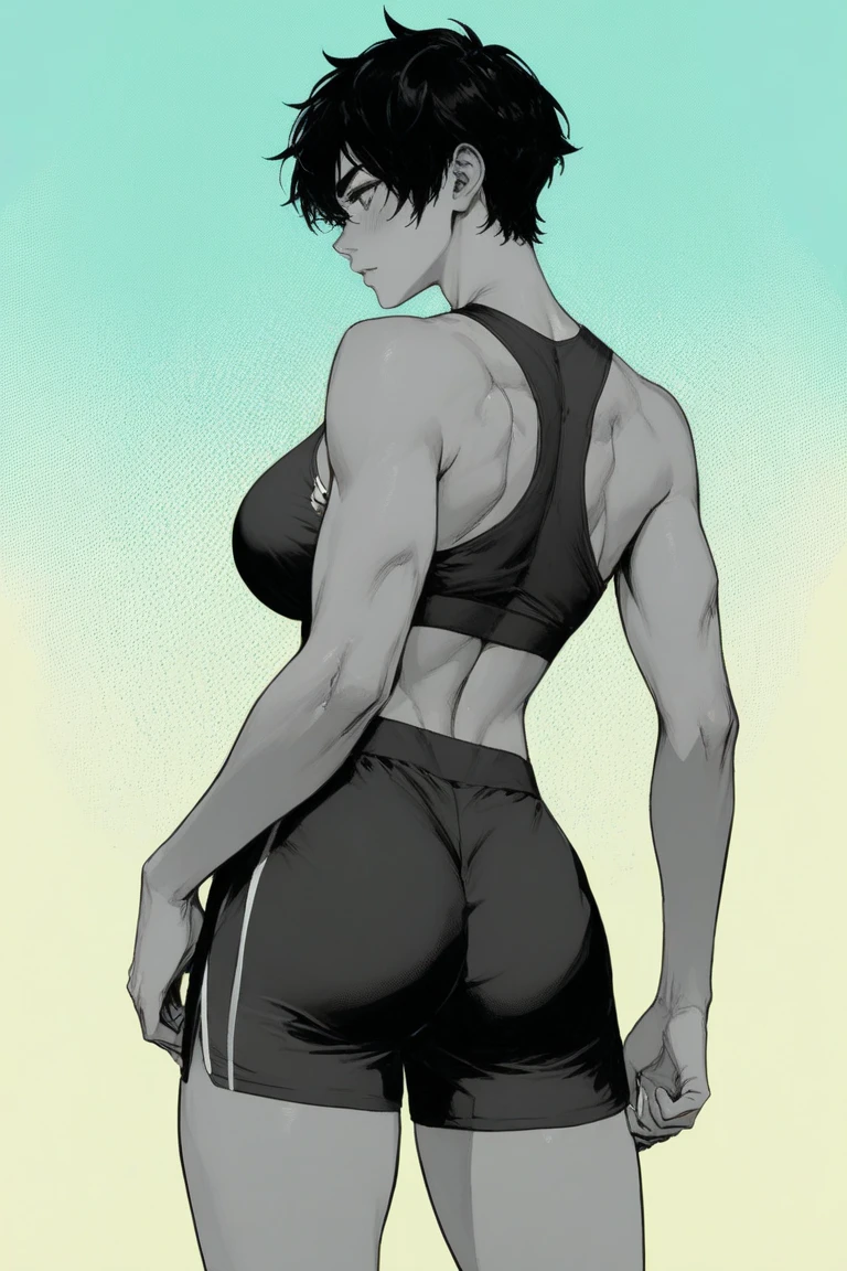Videl , dragon ball, Short black hair, Medium height, small round breasts, only fitted bra, thin waist, medium rear, tight thong , sweating, little muscles,