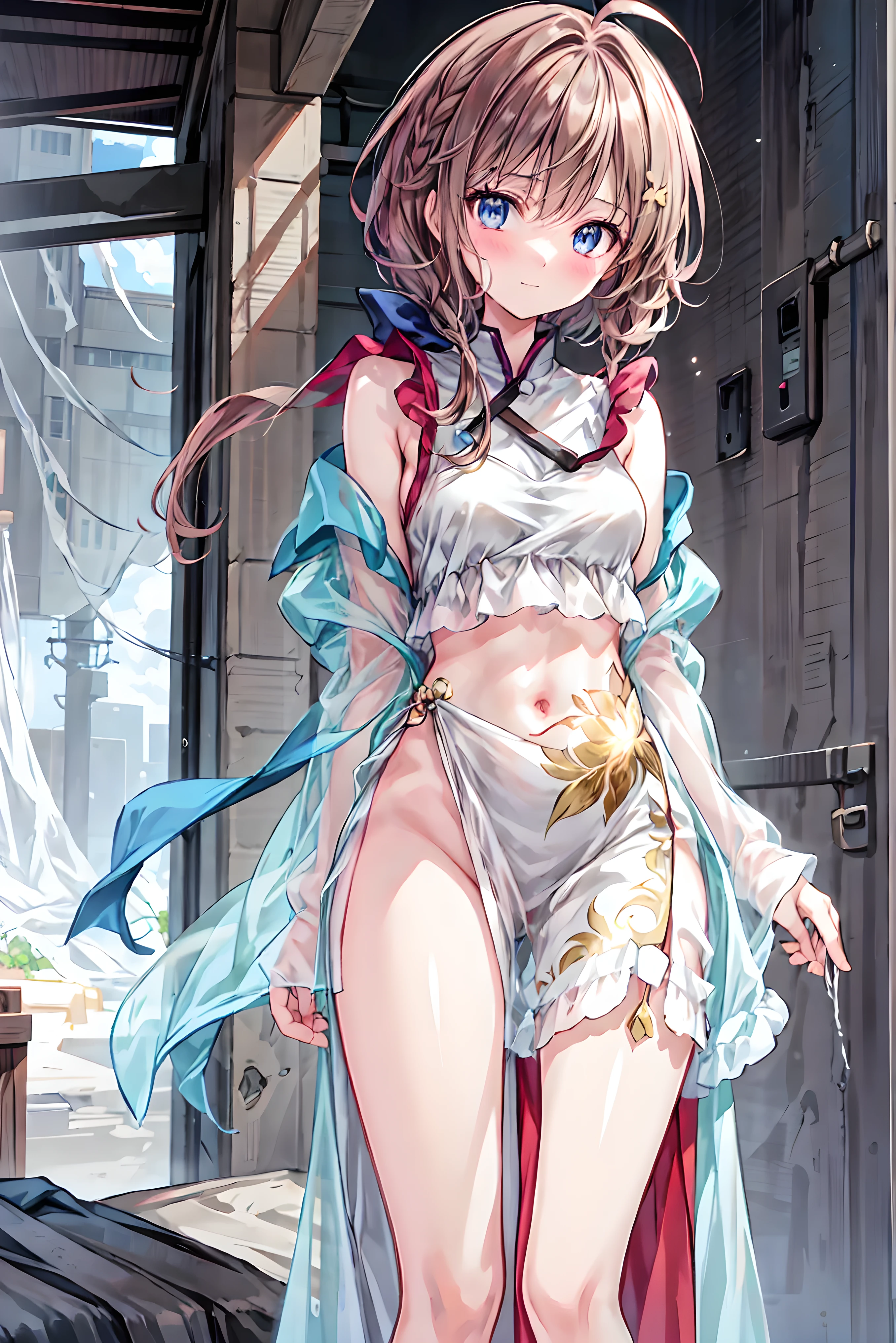 ((best quality)), ((masterpiece)), (detailed), 1girl, off-shoulder baggy sweater,clothes too big, exposing,(little chest),(big forhead:1.2),(beautiful big eyes:1.3),extremely detailed cute anime face, (((flat chest))),((((long twin braids,tight braids,long braid,braided hair,long hime cut,colored inner hair)))),intricate eyes,beautiful detailed eyes,symmetrical eyes,(((detailed face))),beautiful detailed lips,(nsfw)), ((downblouse, upskirt)),(baggy, sagging clothes, upskirt, downblouse), dynamic pose,looking at viewer, (((embarrassed))),(horrified expression),(crying),highres,(best quality),(ultra detailed,extremely detailed),perfect face details, ((masterpiece:1.4, best quality))+, (ultra detailed)+, long twintails, cute girl,blue clothes, (flat chest:1.3), NSFW, small breasts, prominent collarbones, skinny arms, flat stomach, visible hip bones, long hair, red hair, white hair, blonde hair, dark hair, ponytail, thick ponytail, heavy ponytail, small breasts, NSFW