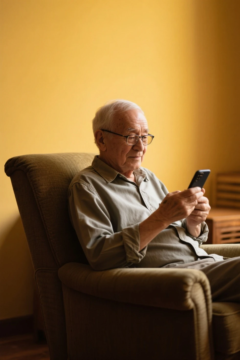 A bald, bearded old man wearing gold-rimmed round glasses, wearing an old white tank top and missing shorts, bare feet, playing with a cell phone on the yellow chair is old and torn. has a beautifulJapanese female orange long hair sunglasses in maid uniform sitting on armrest. The background is a dirty old wooden wall, cobwebs on the window, broken glass, high-definition drama. intricate details.