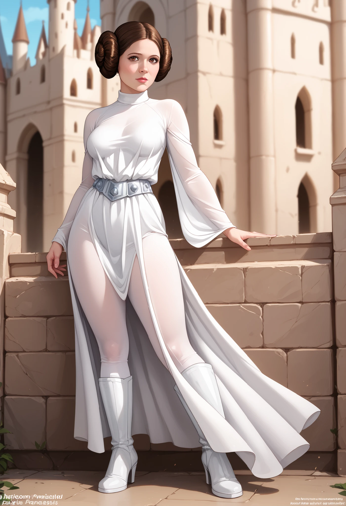princessleia, brown hair, hair buns, brown eyes, natural medium breasts, BREAK, white dress, belt, white boots, BREAK, (full body), looking at viewer, seductive, sexy pose, BREAK, outside a deserted medieval castle, BREAK, masterpiece, dramatic lighting, highly detailed, depth of field #Leia-Leila-00