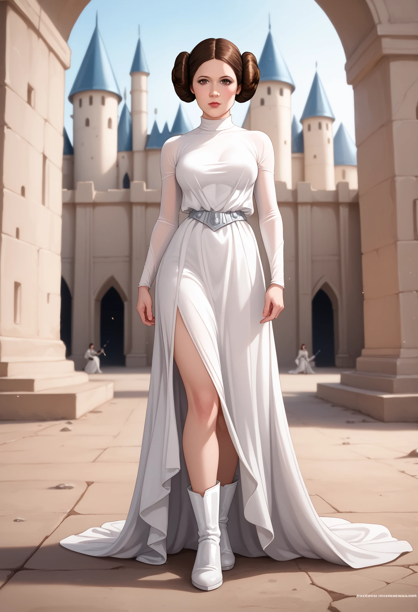 (masterpiece, best quality), 1girl, <lora:princess_leia_organa_solo:1> princess_leia_organa_solo, short hair, hair bun, white dress, white clothing