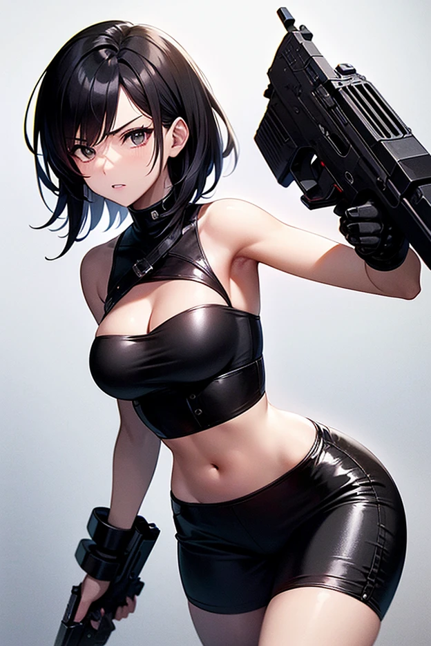 4K resolution,((Highest quality)),Ultra-high resolution,Adult women, alone, sexy, (Grim face), (Light red eyes), Beautiful and symmetrical face, (Medium black hair),Combat Vest,cargo pants,Realistic:1.4,Realistic:1.4,(masterpiece:1.2),Perfect Eyes,Perfect Eyes,Ample breasts,Muscular and toned body,Perfect Legs,Dilapidated building,Holding a gun