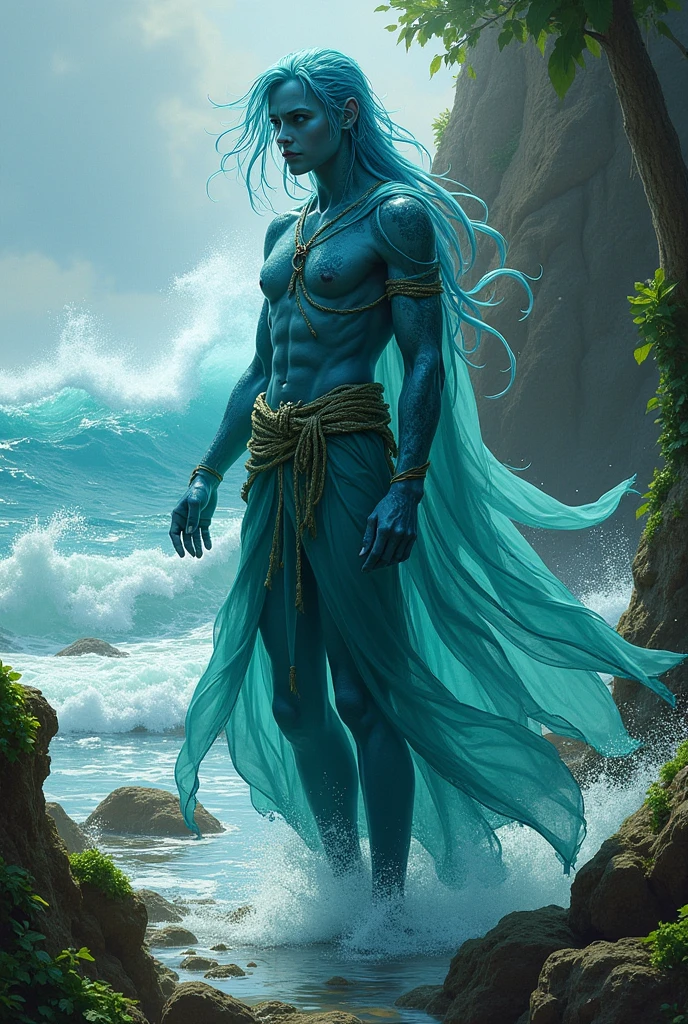 Create a powerful imagine of character called The God of Water