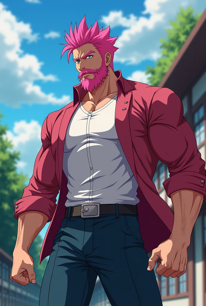 (masterpiece, best quality ), 1man, extremely masculine muscular character, very muscular,  lightning bolts from fingers, short hair, brown eyes, intricate, (living room) , full body, pink vest, open vest, torn clothes, giant, vivid colors,(depth of field:1.2),(abs),blush, looking at viewer, sitting on couch,  shirtless, visible pectorals, extremely muscular, huge bulge, long hair,