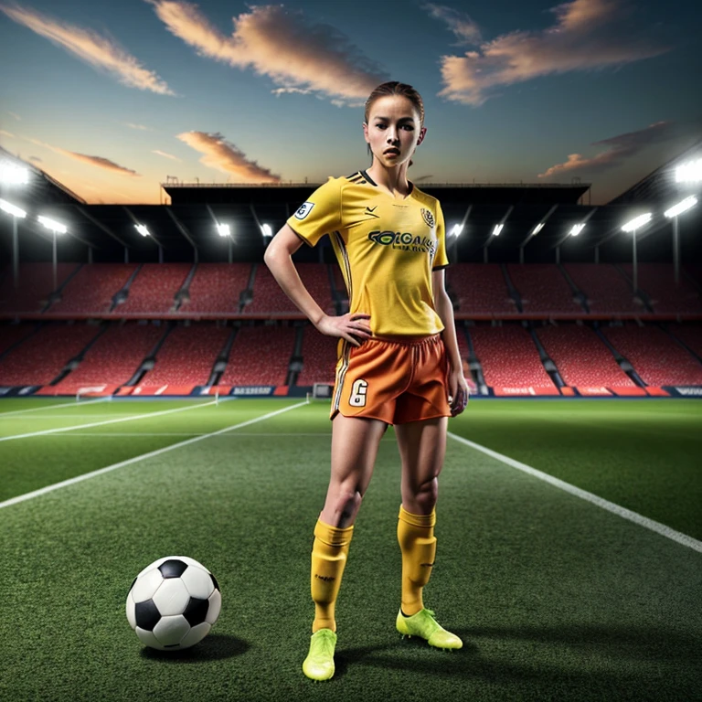 digital concept art of ultra beautiful Korean woman wearing a red shirt with black pants, red ponytail hair, very healthy, running after (a soccer ball) inside a stadium, smokey surrounding , in motion, mid air, night, jay anacleto, best quality masterpiece