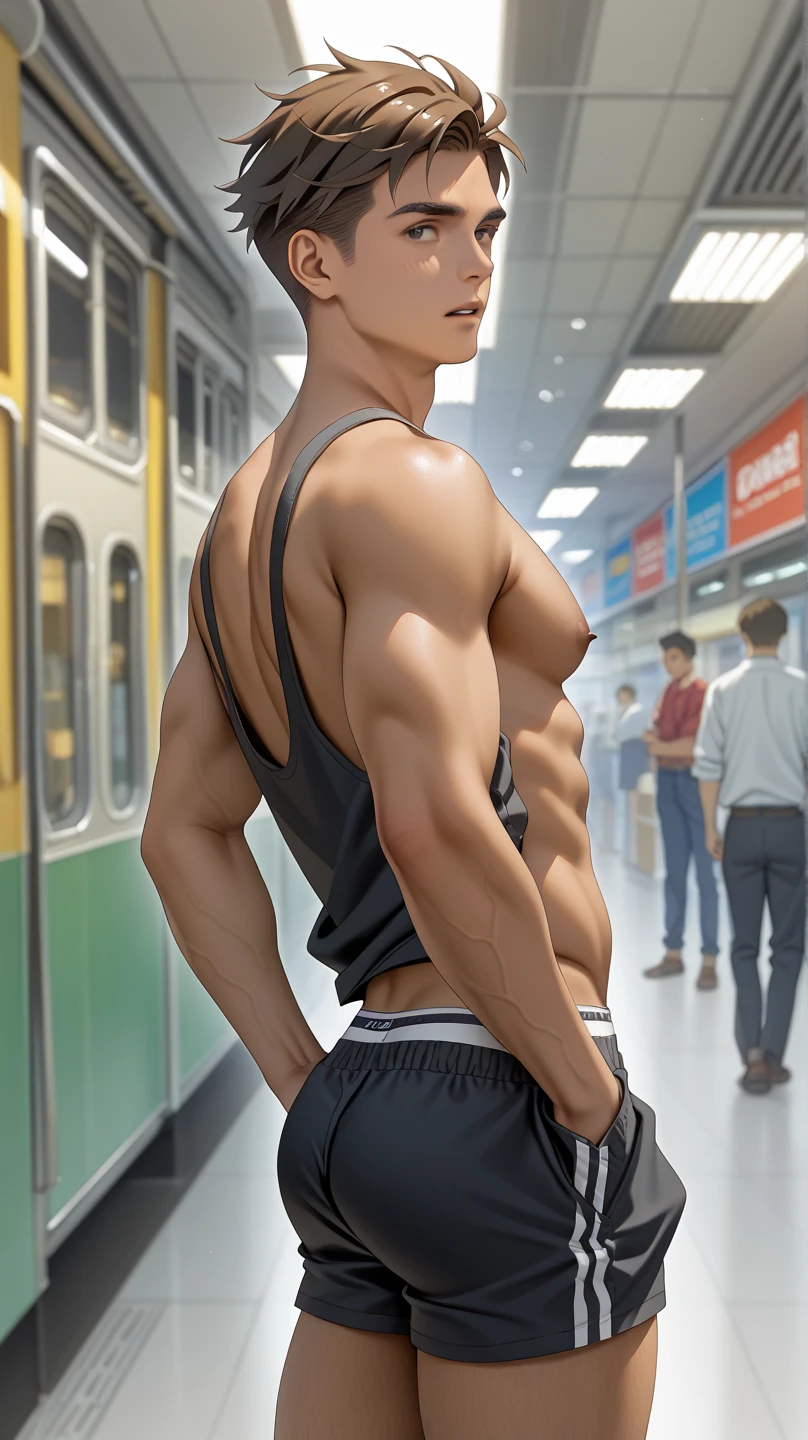 ((A naked 48-year-old middle-aged man on a crowded train))、((((The lower body is underwear))))、((((Emphasis on the crotch))))、Asian、(((A dark and mysterious crowded train at night)))、、,Short Hair、buzzcut、A little muscular、((Masculine))、Detailed facial expressionasterpiece),Highest quality,Excellent anatomy、Intimidating
