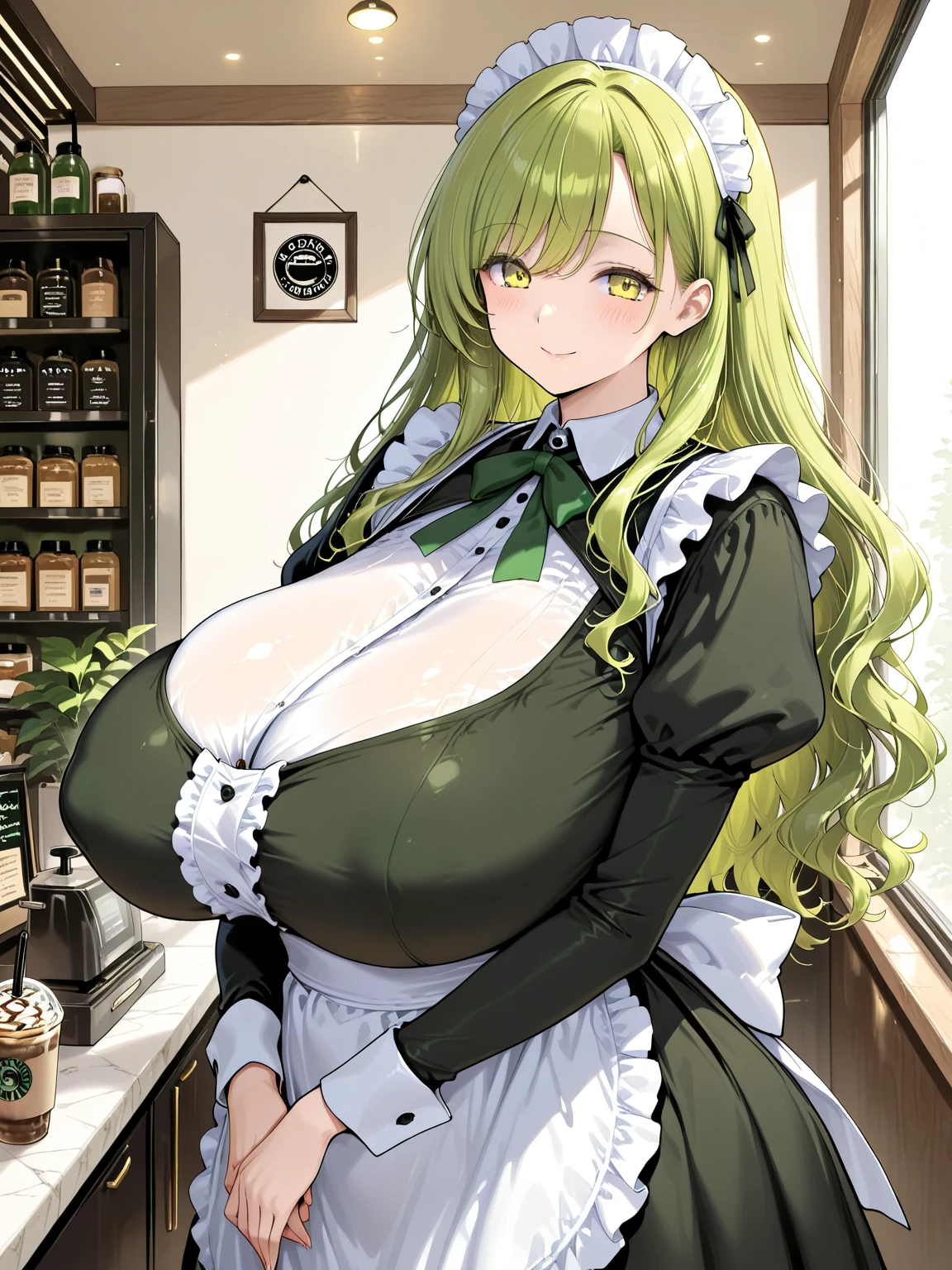 masterpiece, best quality, cowboy shot, 17 years old, looking for viewer, green hair, massive breasts, black maid suit, cleavage, smile, open mouth, beautiful face, beautiful detailed red eyes, beautiful breasts, beautiful thighs, silver green hair, white hair headband, white apron, Inside the cafe,