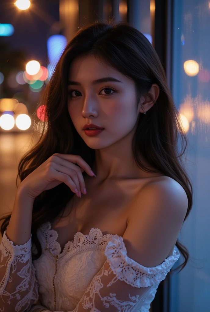 8k, masterpiece, RAW photo, best quality, photorealistic, extremely detailed CG unity 8k wallpaper, Depth of field, Cinematic Light, Lens Flare, Ray tracing, (extremely beautiful face, beautiful lips, beautiful eyes), intricate detail face, ((ultra detailed skin)) 1girl (highest resolution, distinct_image) best quality, 1girl, Tokyo street,night, cityscape,city lights, upper body, cleavage 8k, RAW photo, best quality, masterpiece,realistic, photo-realistic, medium shot, half body.