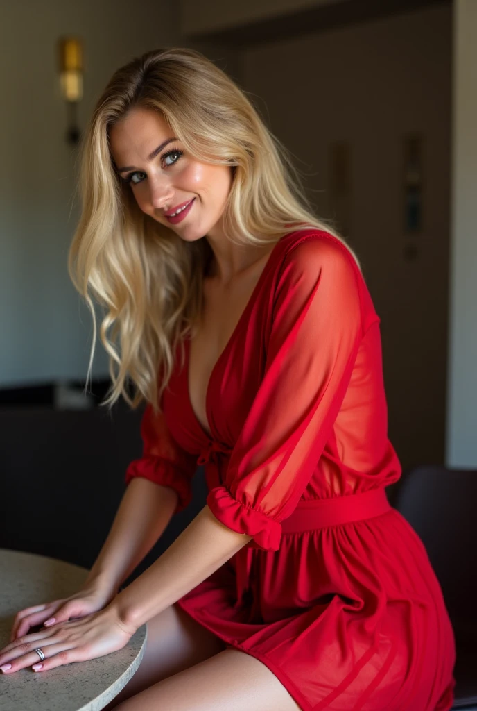 young girl, natural blonde, medium tits she is dressed in a sexy, elegant red dress, is in a minimalist, modernist living room  Ultra-high resolution,  (photorealistic: 1.4), high resolution, (brown eyes), (finely detailed skin), (perfectly proportioned) (photo realistic) (masterpiece) (photorealistic), ultrarealistic (Best Quality) (Detailed) photographed in a Canon EOS R5, 50mm Lens, F/2.8, (8K) (Wallpaper) (Natural lighting) (Convoluted) Fashion