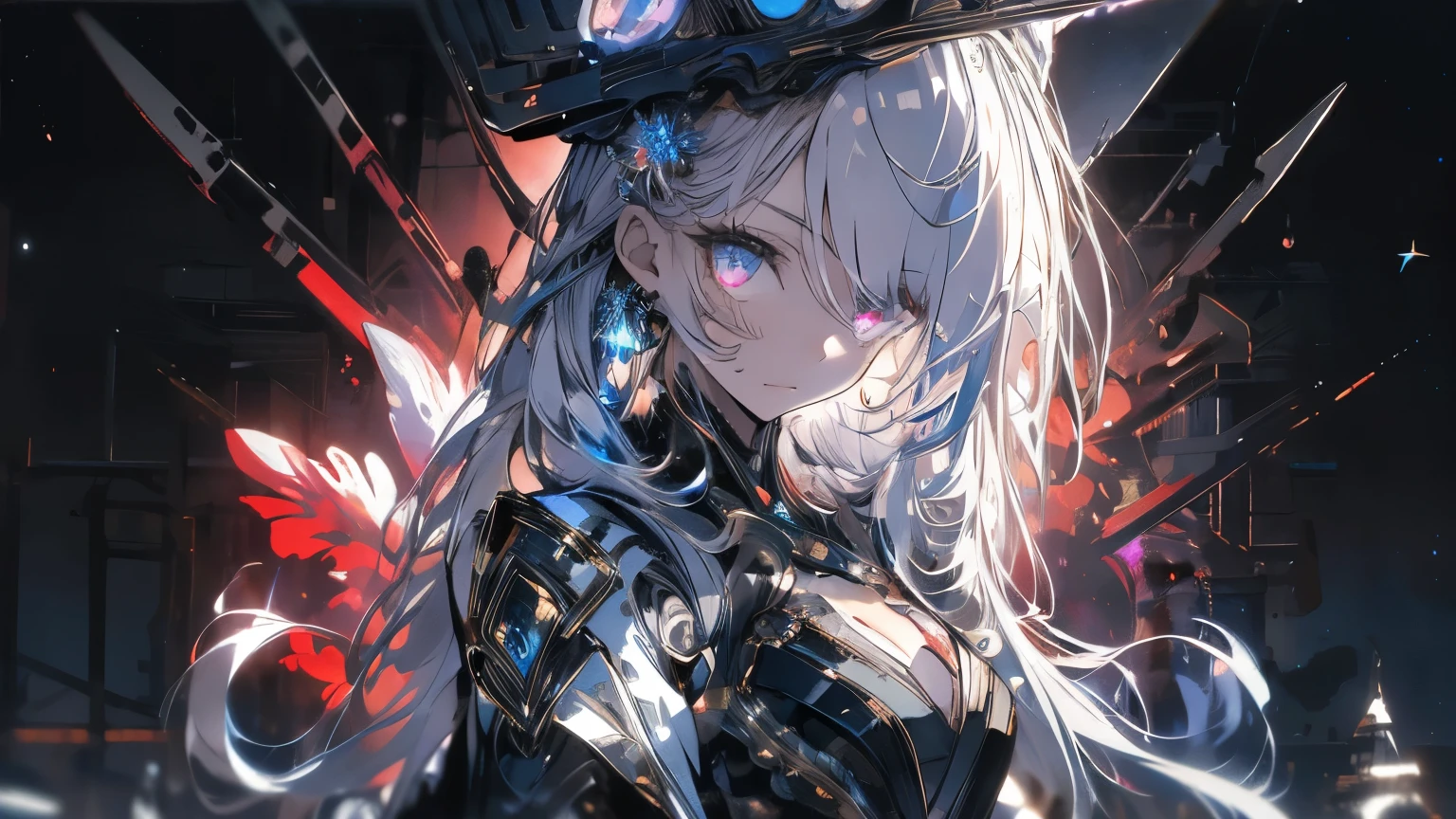 classics,best quality,extremely detailed,Very detailed illustrations,extremely detailed,intricate detail,highres,super complex detail,extremely detailed 8k cg wallpaper,cowboy shot, caustic ,non-gravitational,Ray Detector ,demontheme,Nebula, dark halo , Network effect , ( 1 girl:1.4),solo,lonely,mecha musume,mechanical parts, robot coupling,single machine arm, helmet , mechanical halo,star halo ring,sophisticated mechanical suit, mechanical corset, kimono, full armor, Very long hair,white hair, hair between eyes, multicolored hair, dyed hair, red eyes, glowing eyes , eye trail , random expression , random action , ancient japanese architecture,ao sen, starry sky,skyline,