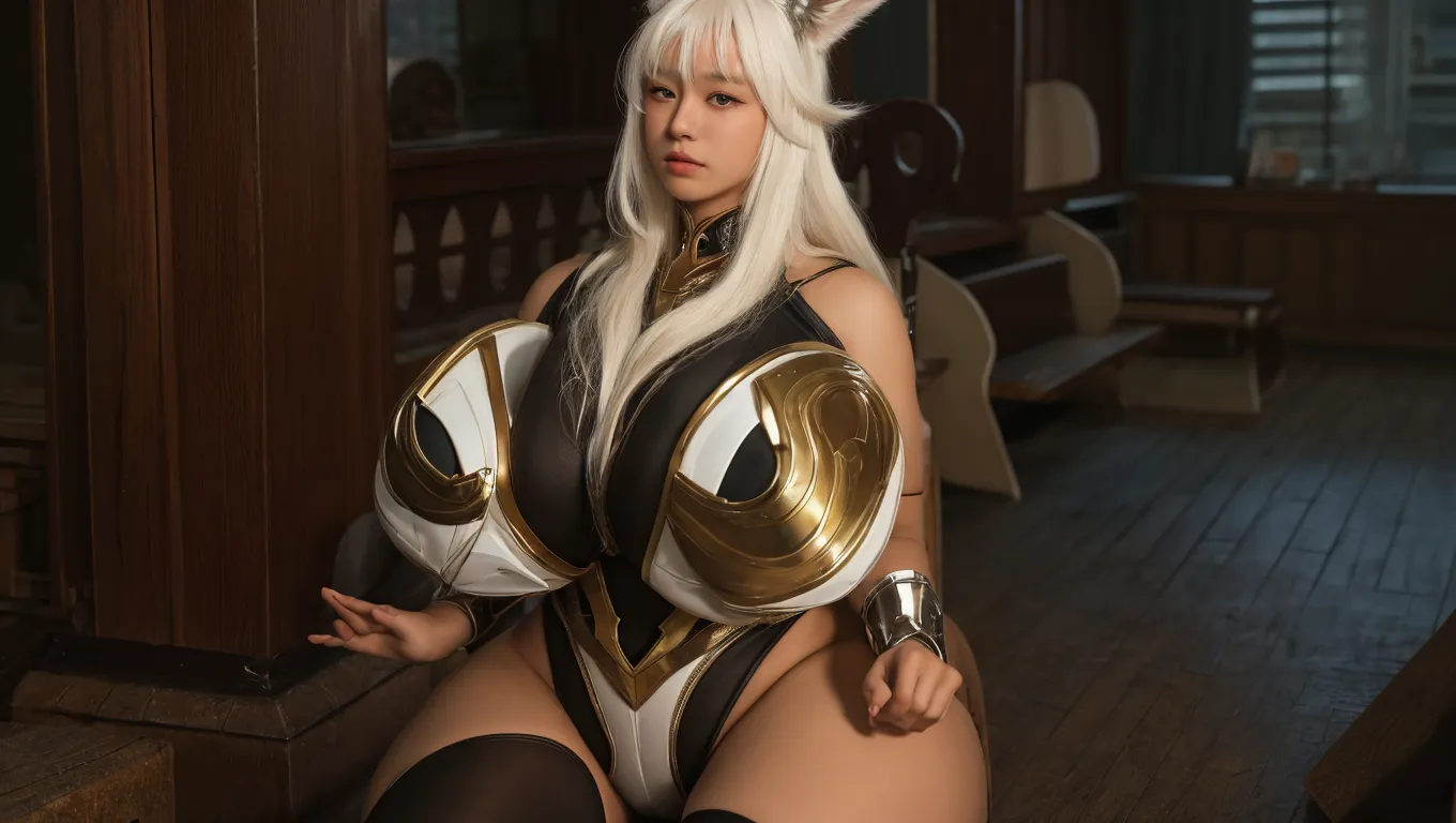 facing shot) of a (((beautiful))) Asian (((Oni female))) warrior, ((squatting down with legs spread)) and holding on shoulder a ((massive iron mace)), (wepon), wearing (Tiger print short kimono), with ((thick curvy mature body)) yet ((muscular)), long and voluminous (white hair) blown by the wind, (2 long anime_Oni_horns ), reddish fair skin , (perfect detailed face features) expressive eyes with proud look , thick lips letting a provocative grin,