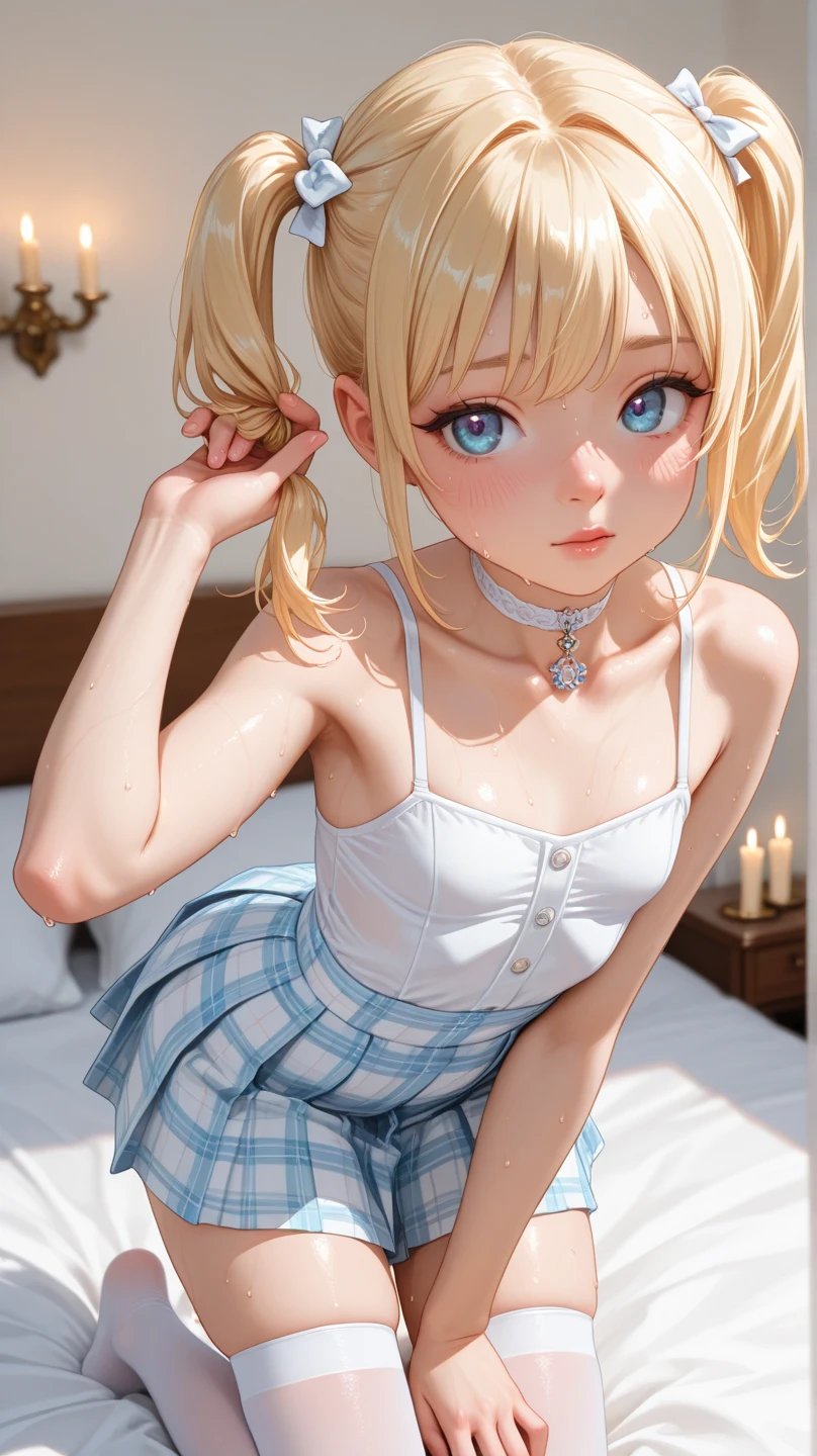 ((masterpiece)), ((best quality)), ((ultra-detailed)), (illustration), ((an extremely delicate and beautiful)), masterpiece, high quality, Draw a detailed face, blurred background, 4K, ultra-intricate pupil in eyes, shiny eyes, parted lips, kawaii, cute, , slender, (ultra delicate and beautiful skin), perfect anatomy, (masterpiece, best quality), (ultra-detailed 8K), (perfect design), highres, ((blush)), (super fine illustration), masterpiece, best quality, (amazing, blunt bangs), high resolution, cute face, masterpiece, best quality, extremely detailed, anime, beautiful girl, ((1girl)), long hair, ((nsfw)), ((full body)), ((blond hair)), ((twintails)), ((dress)), ((aquamarine eyes)), (elaborate crown), (skirt lift), (panty shot), smile