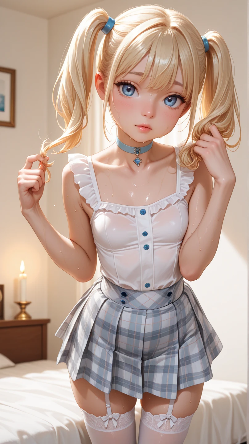 (small :1.2), (perky chest:1.2), (pointed chest:1.2), (Pudding cake magazine cover:1.3),(from above:1.0),(fromside:0.9),masterpiece, 1girl, Amazing Cleavaghin waist, optimum,tmasterpiece,hight resolution,best qualtiy,hyper HD,super detailing,awardwinning,16 K,solo,(The upper part of the body),anatomy correct,Beautiful cyberpunk girl,Cowboy Shot,cute face,a blond,Longhaire,Twin-tailed,Braids, Hairline,(scarlet eyes),long eyelasher,Hanging eye corners,White skin of the,shoot from the side, ((see through camisole:1.5)), ((Sheer nipples)),Rocke(Slim body),smileuctive weak smiling,(with sparkling eyes and a contagious smile),open mouth, Looking at Viewer,
