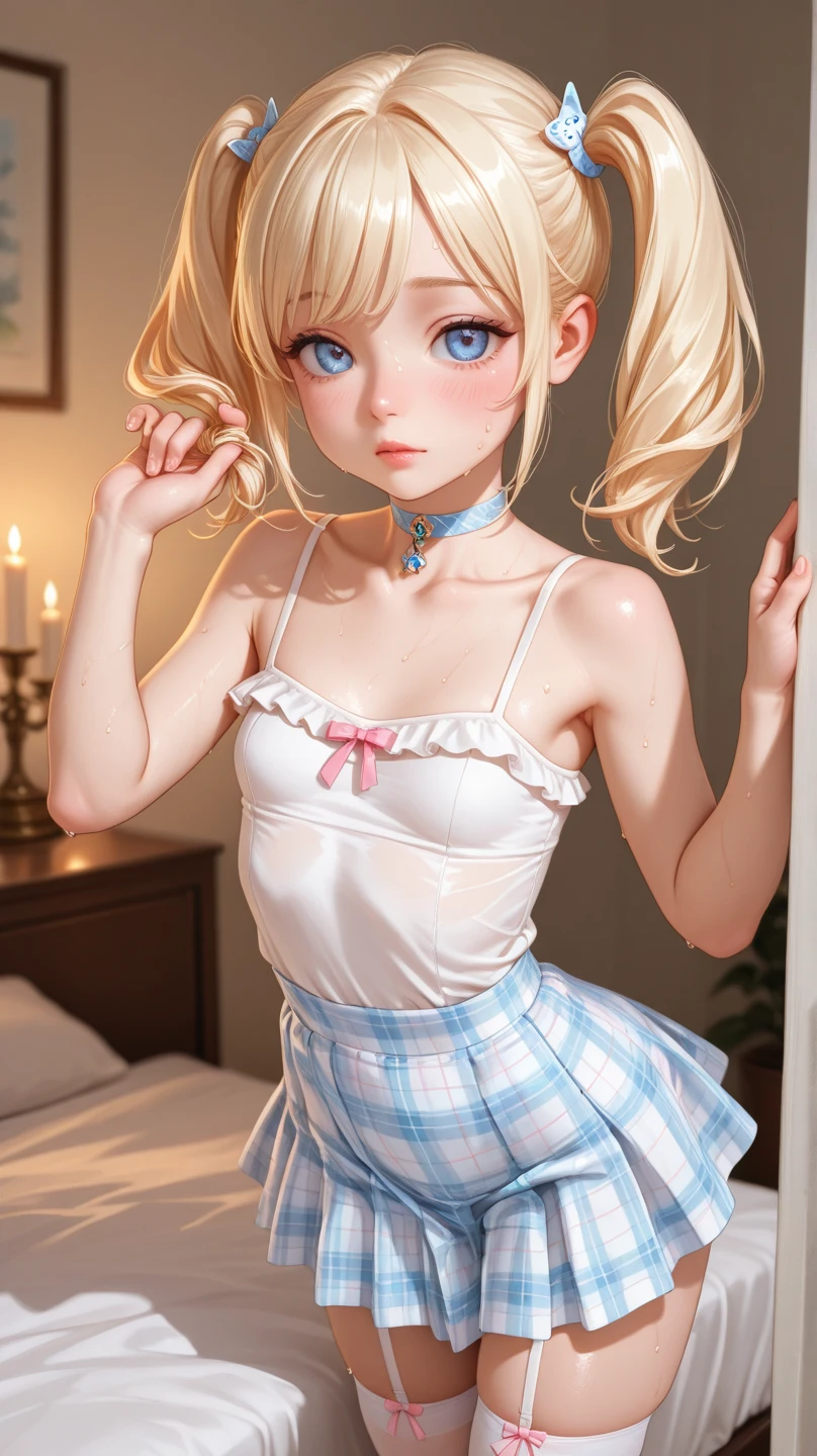 (top quality beautiful illustration),(((cute little ))),(((tiny loli(((little gmall body))),(((childish face))),(((very fine pretty face))),(blonde long hair),(very detail shiny blue eyes),(seductive),(smile),(large breasts),(((sexual))),(((very high sexuality))),(((lingerie))),(night time),(sexy pose)