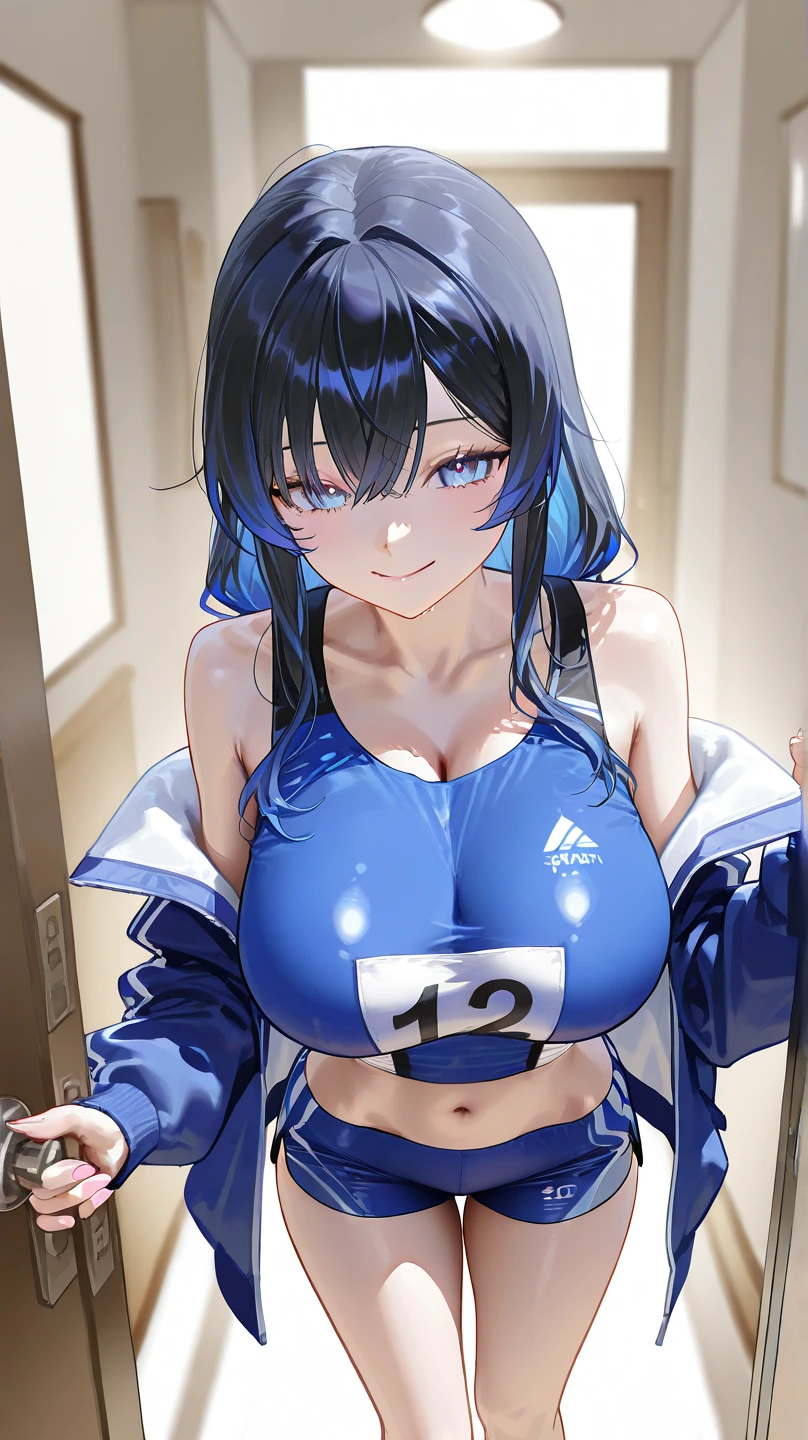score_9, score_8_up, score_7_up, score_6_up, score_5_up, score_4_up, source_anime , 1girl, Mona (genshin_impact), genshin_impact, medium breasts, , breasts focus, floox style, \\\\\ jacket,, open clothes, blue jacket, blue track suit,, sportswear, standing, track jacket, blue track pants, track suit, \\\\\ steam, steaming body, sweat,, rating_explicit, high resolution, deep breath, head out of frame, grey background, solo, nipple slip, waist-length dark purple hair that turns slightly red at the ends, shy, blush, gold earring that resembles a compass rose on her left ear, twintails behind

