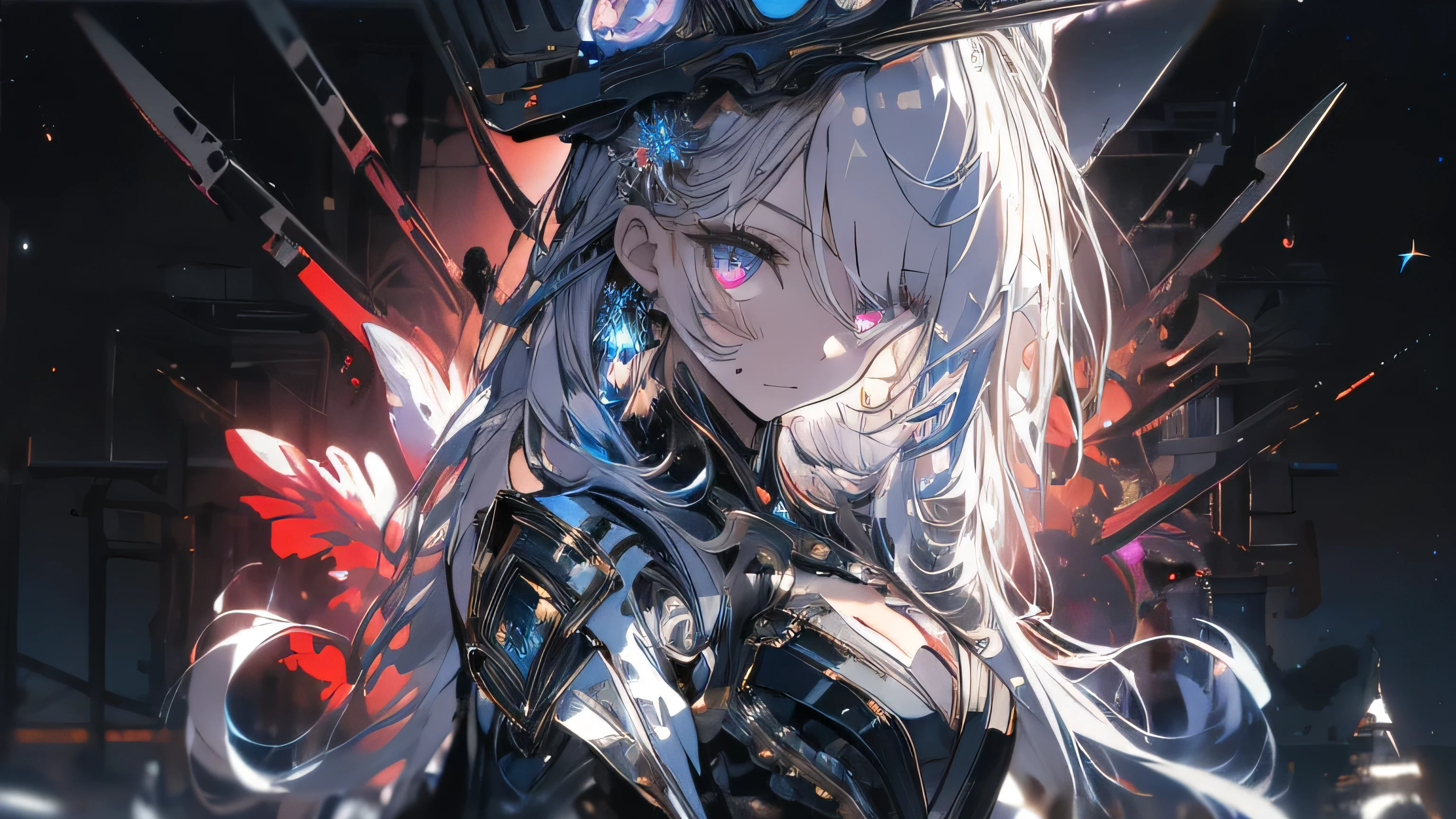 classics,best quality,extremely detailed,Very detailed illustrations,extremely detailed,intricate detail,highres,super complex detail,extremely detailed 8k cg wallpaper,cowboy shot, caustic ,non-gravitational,Ray Detector ,demontheme,Nebula, dark halo , Network effect , ( 1 girl:1.4),solo,lonely,mecha musume,mechanical parts, robot coupling,single machine arm, helmet , mechanical halo,star halo ring,sophisticated mechanical suit, mechanical corset, kimono, full armor, Very long hair,white hair, hair between eyes, multicolored hair, dyed hair, red eyes, glowing eyes , eye trail , random expression , random action , ancient japanese architecture,ao sen, starry sky,skyline,