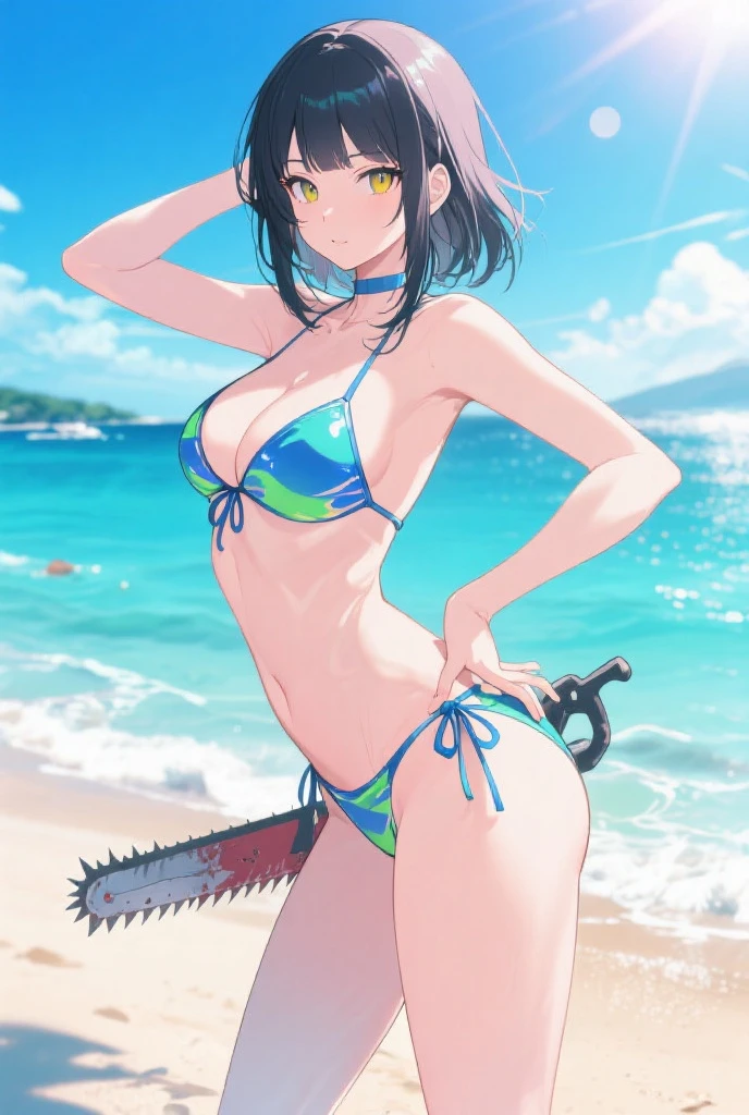 Kirito, Blushing and smiling in bikini sitting alone on the beach, big breasts breast enlargement breasts pumped up looking at camera full-body shot illustration, ultra-detailed, HDR, vibrant colors, soft lighting high quality and super detailed