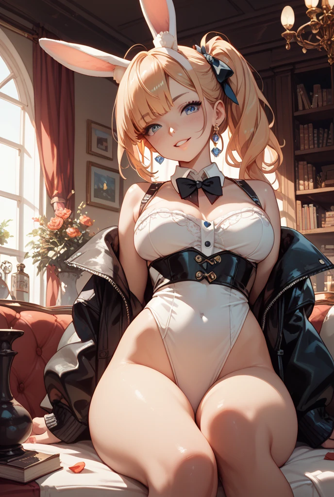 Masterpiece: 1.6, best quality: 1.4, live image: 1.2, intricate details: 1.2, charturnerv2: 1.2, 1lady full body character change, Appearance: young: 1.25, thin: 1.3, blue eyes, thick eyelashes,large breasts, detailed eyes, quality eyes, Clothing: adapted swimsuit, swimsuit:1.3 Accessories: red bow, red ribbon, Hair: blonde hair, short hair, semi curly hair, natural, shiny skin, (single background, white background:1.8), transparent Background, multiple views, multiple views of the same character in the same outfit: 1.3., character sheet: 1.2, multiple facial expressions: 1.3, seductive smile, sexy, shaded face, white legwear, white thighhighs, blush, nose blush:1.2