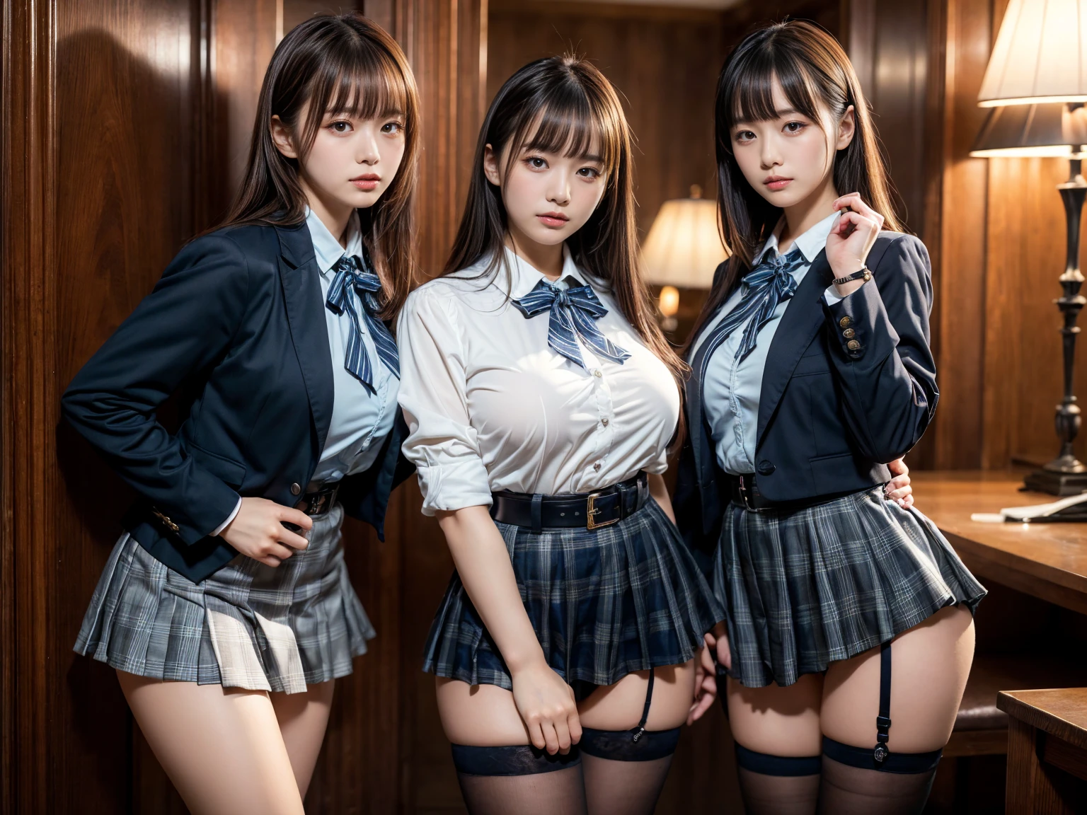 muster piece, best quality, illustration, Super detailed, fine details, High resolution, 8K,wall paper, perfect dynamic composition,(Details High quality, realistic depiction of eyes:1.3), ((2 girls, 2 schoolgirls)), The background is a luxury hotel room、High school girl uniform、blazer 、Super Short Check Uniform Skirt、Navy blue high socks、garterbelts、Colossal tits、Disturbed uniform, Play with each other,Touching each other's bodies,Touching the body of the girl next door, short bob hair, black hair color, huge breasts, Big Natural Color Lip, bold sexy pose, (perfect body shape), crying a little、cold gaze, Harajuku style、Beautiful makeup,glitter makeup,Cutest 18 years old, beautiful legs, hposing Gravure Idol, Voluptuous thighs