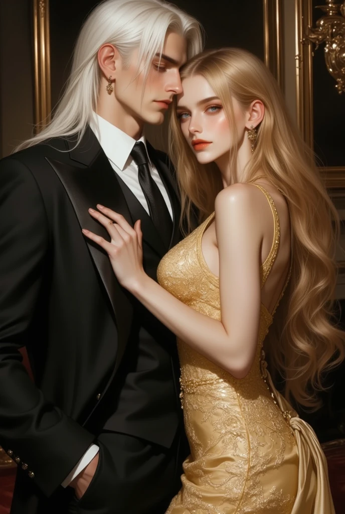 (((full body))), ((perfect body))), (((stunning face))), (((perfect features), (((perfect proportions))), (((masterpiece))). The stunning two-headed vampire Tzimisce, CASSIDY. The vampire has two head. The first head is one of a beautiful vampire blond woman. The second head is one of an handsome dark hair man looking. The female half of the body is one of a stunning sexy woman wearing a mini skirt, stockings and one high heel. The man part of the body is one of an elegant gentleman wearing a suit and one boot. The overall atmosphere is london night club. (Nobuteru Yuuki);(deviant art fantasy luis royo), hyperphotorealistic typographic, Full HD 8K, high quality digital graphics, ultra realistic, very high detail of everything, sharp focus, better hand, ((((golden ratio)))