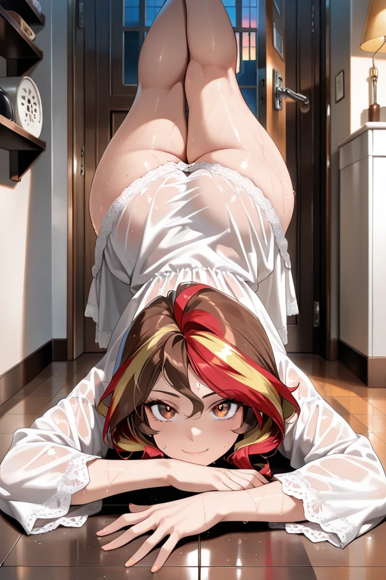 masterpiece, best quality, ultra-detailed, illustration, kawaii, detailed light, happy, smile, blush, Highlights hair, hair, beautiful detailed body, detailed sparkling eyes, 1girl, looking back, showing skin, buttocks, bare thighs, perfect limbs, underwear, on the kitchen , full view of buttocks, showing buttocks, in heat,, legs open, show Vaginal rupture, top view, girl on the bottom, looking up, Using her hands to support her buttocks, giving them a sexy look.