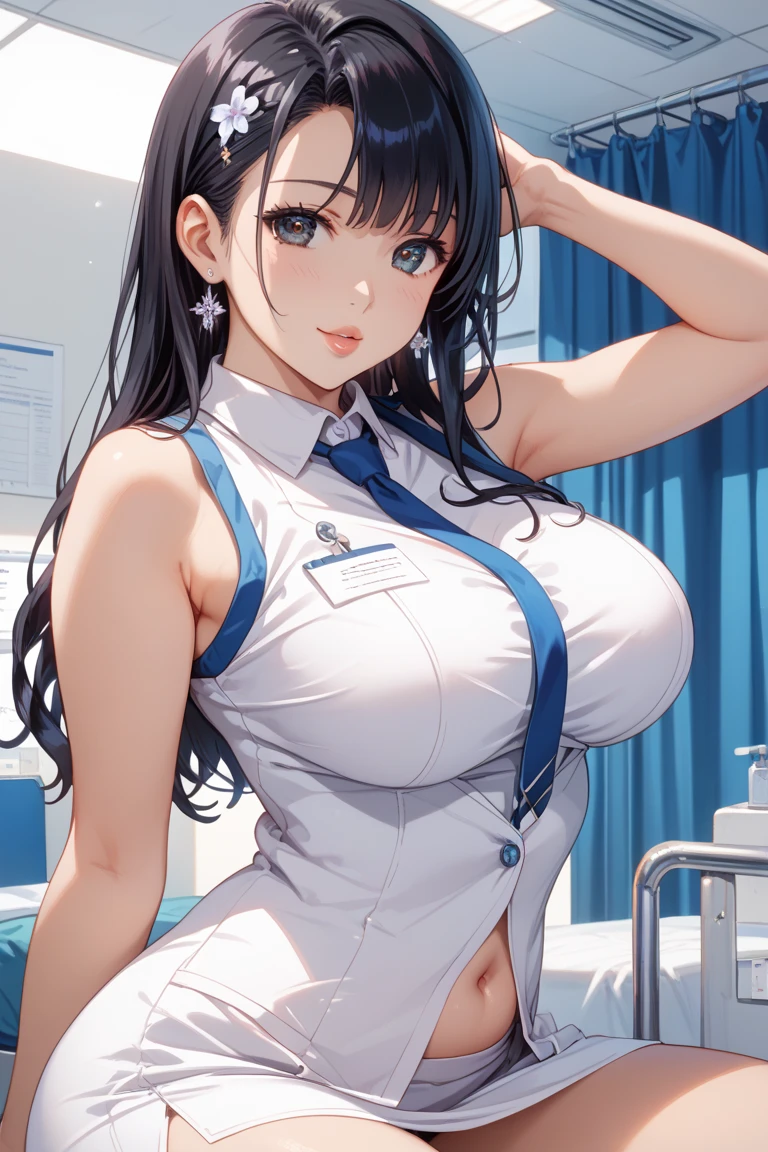 one woman, highest quality, masterpiece, big breasts, beautiful breasts, Super beautiful woman, beautiful eyes, Upper body, smile, open your mouth, 2D, standing position, Clothes fit perfectly, hands behind body, doctor, cleavage, No bra, hospital room, Front opening,