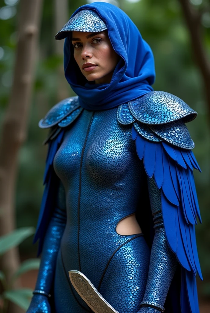 A most beautiful and thin 27 years old Asian chinese girl wears blue bird lycra animal costume Lycra turtleneck unitard catsuit covered with fish scales.Her arms have bird wings.She always wear bird Lycra dancewear hijab-like hood .She has beautiful cheeks on her face.She has bird eyeshadow makeup on her face.