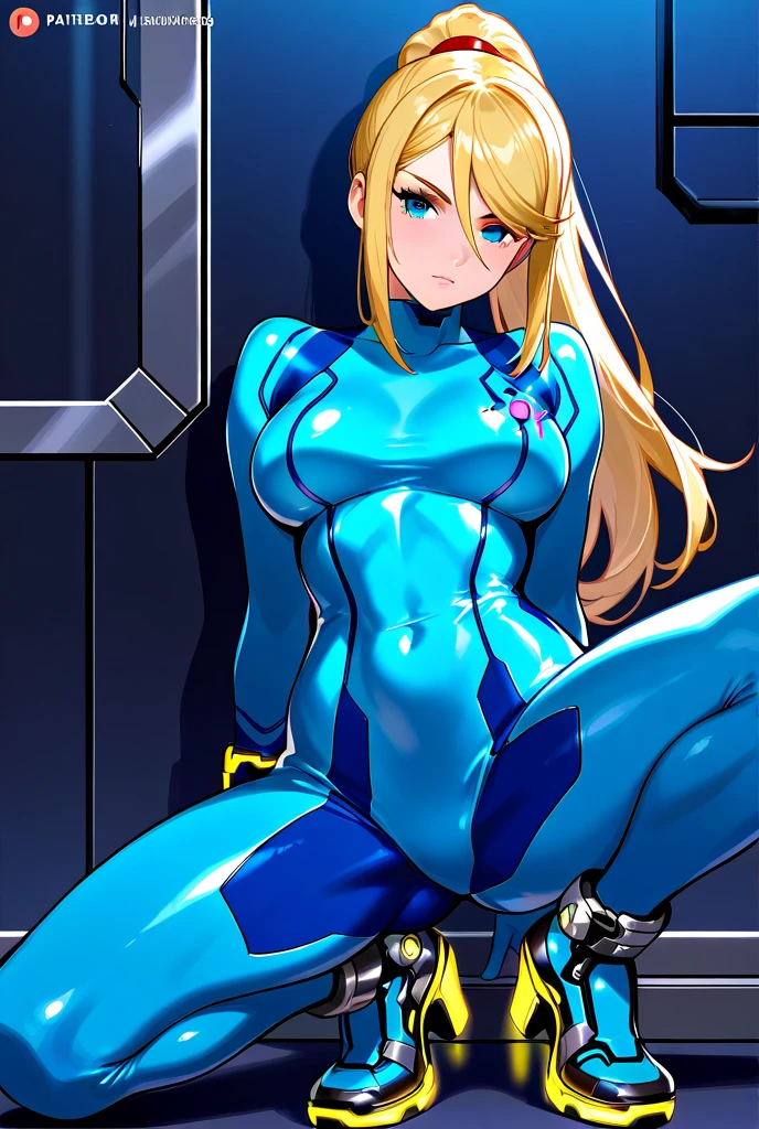 (anime,masterpiece, top quality, best quality,beautiful and aesthetic:1.2,professional illustrasion:1.1,ultra detail:1.3, official art, professional illustrasion, Ultra-detailed depiction, Ultra-precise depiction, extremely detailed 8k illustration, highres, ultra detailed painting, soft shadows), (girl), samus aran , cool beauty, glossy, (blond long hair), (ponytail), big breasts, perfect body, blue Samus Aran suit, thin transparent suit, cleavage, nipples, (nude shaved vagina), (legs spread), (open vagina), (nude open pussy),