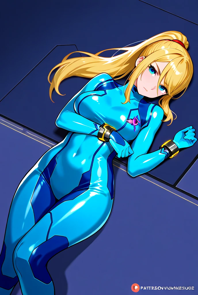 Zero Suit Samus without her suit、Topless、blush、masturbation behavior、Obscene pose