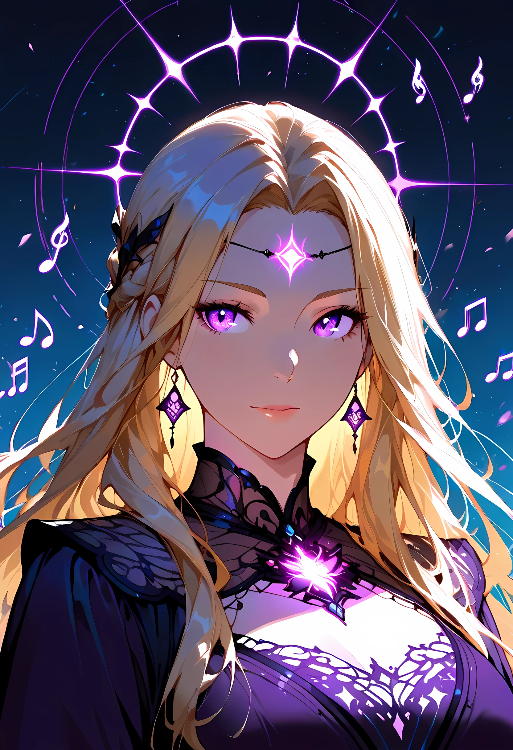 a portrait of an beautiful woman looking to the sky at there are magical notes in the night sky, an extraordinary beautiful woman, there is magic in her eyes she hears magical music, blond hair, dynamic hair style, wearing an intricate dark purple dress decorated with glowing musical notes, she looks to the night sky seeing the ((glowing magical notes in the sky: 1.5)), vibrant, Ultra-high resolution, High Contrast, (masterpiece:1.5), highest quality, Best aesthetics), best details, best quality, highres, 16k, [ultra detailed], masterpiece, best quality, (extremely detailed), fantasy,  Aesthetic_PDXL, fantasy