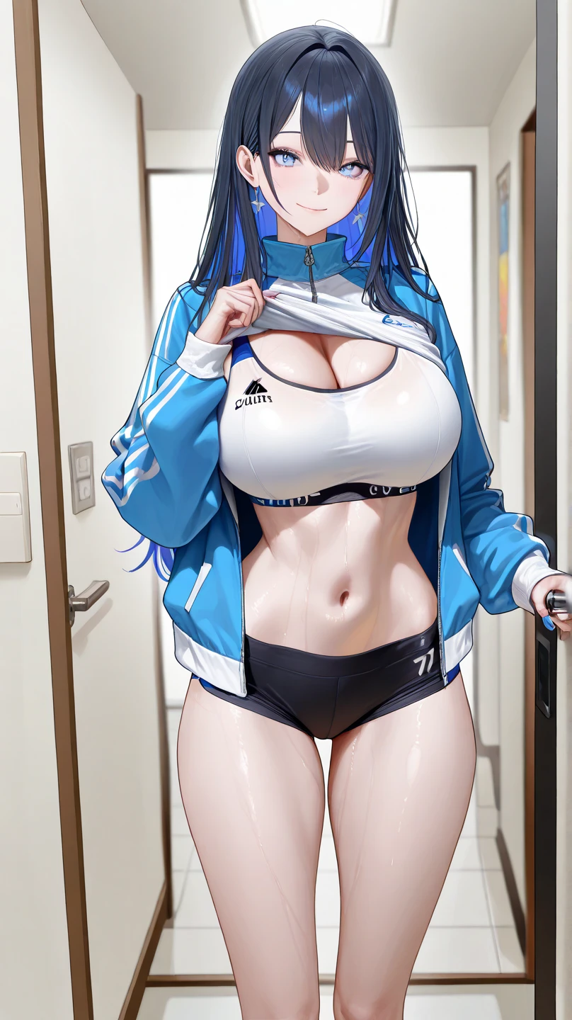 score_9, score_8_up, score_7_up, score_6_up, score_5_up, score_4_up, 1girl, Candace (genshin_impact), genshin_impact, dark blue hair , large breasts, collarbone, breasts focus, floox style, \\\\\ jacket,, open clothes, dark blue jacket, dark blue track suit,, sportswear, standing, track jacket, dark blue track pants, track suit, \\\\\ steam, steaming body, sweat,, rating_explicit, high resolution, deep breath, head out of frame, grey background, solo, nipple slip, tan skin, low twintails, one breast out, \n/